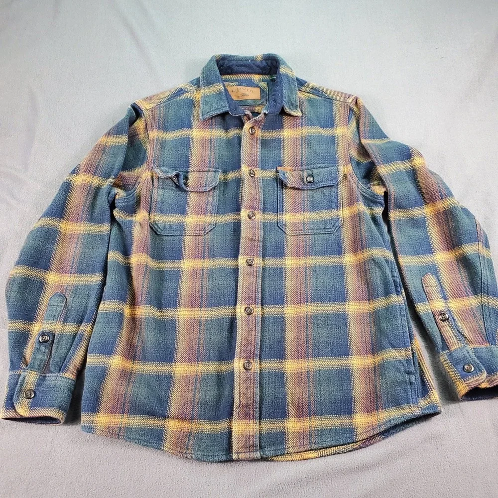 Orvis Mens Small Blue Plaid Heavyweight Flannel Shirt Jacket Leather Patch S